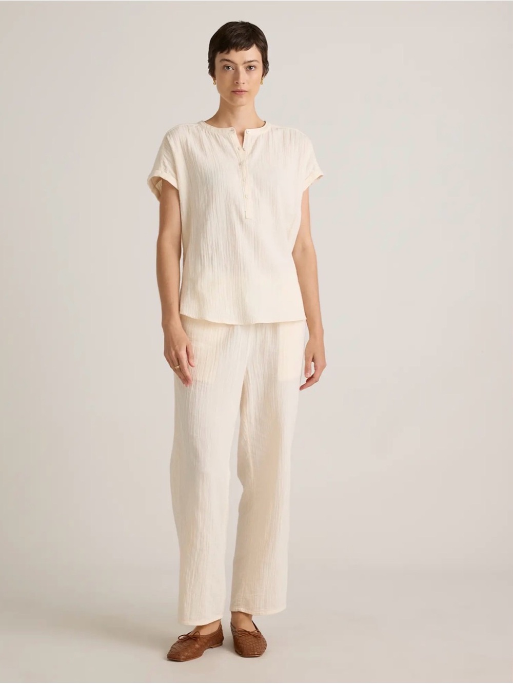 Quince Cream Short-Sleeve Henley Blouse- SIZE MEDIUM - Picture 4 of 8